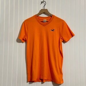 Hollister Orange V-Neck T-Shirt Icon Seagull Logo 100% Cotton Men's Size Y2K